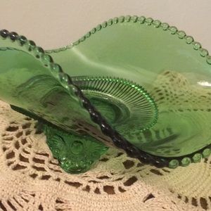 Antique Early American Pattern Glass Green Lacy Medallion Footed Banana Bowl